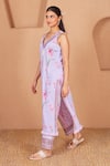 Buy_Bhawna Sethi_Purple Kurta Pure Cotton Silk Printed Floral V Neck Finch With Pant _Online_at_Aza_Fashions