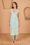 Buy_Bhawna Sethi_Green Kurta Pure Cotton Silk Printed Floral V Neck Lovebird With Pant _at_Aza_Fashions