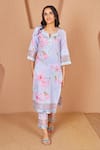 Buy_Bhawna Sethi_Blue Kurta Pure Cotton Silk Printed Floral Notched Round Bluebird With Pant _at_Aza_Fashions