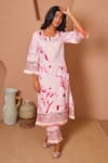 Buy_Bhawna Sethi_Pink Kurta Pure Cotton Silk Printed Floral Notched Rosella Set With Dupatta _at_Aza_Fashions