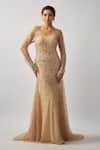 Buy_FATIZ_Gold Tulle, Lycra Embroidery, Beads Round Neck Hand Fish-cut Gown With Inner _at_Aza_Fashions