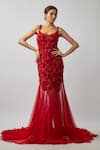 Buy_FATIZ_Red Tulle, Lycra Embroidery, Beads, Pearls Round Hand Bodycon Gown With Inner _at_Aza_Fashions