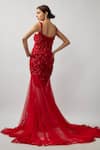 Shop_FATIZ_Red Tulle, Lycra Embroidery, Beads, Pearls Round Hand Bodycon Gown With Inner _at_Aza_Fashions