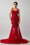 FATIZ_Red Tulle, Lycra Embroidery, Beads, Pearls Round Hand Bodycon Gown With Inner _Online_at_Aza_Fashions