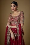 FATIZ_Red Tulle Hand Embroidered Zardosi Round Peplum Blouse Lehenga Set _at_Aza_Fashions