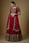 Buy_Fatiz_Red Tulle Cut Work, Sequins, Zari Round Neck Hand Embroidered Blouse Lehenga Set _at_Aza_Fashions