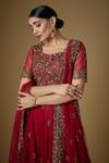 Fatiz_Red Tulle Cut Work, Sequins, Zari Round Neck Hand Embroidered Blouse Lehenga Set _Online_at_Aza_Fashions