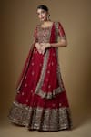 Fatiz_Red Tulle Cut Work, Sequins, Zari Round Neck Hand Embroidered Blouse Lehenga Set _at_Aza_Fashions