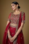 Shop_Fatiz_Red Tulle Cut Work, Sequins, Zari Round Neck Hand Embroidered Blouse Lehenga Set 