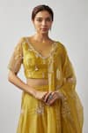 Shop FATIZ Yellow Tissue, Georgette, Tulle Cut Work, Hand Embroidered Blouse Lehenga Set Online at Aza Fashions Shop_FATIZ_Yellow Tissue, Georgette, Tulle Cut Work, Hand Embroidered Blouse Lehenga Set _Online_at_Aza_Fashions