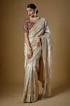 Buy_FATIZ_Gold Handloom Tissue Silk Hand Embroidered Pearls Boat Neck Saree With Blouse _at_Aza_Fashions