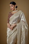 FATIZ_Gold Handloom Tissue Silk Hand Embroidered Pearls Boat Neck Saree With Blouse _Online_at_Aza_Fashions