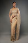 Buy_FATIZ_Gold Tulle Hand Embroidered Pearls Leaf Neck Saree With Blouse _at_Aza_Fashions