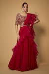 Buy_FATIZ_Pink Georgette Hand Embroidered Sequins V Ruffled Lehenga Saree With Blouse _at_Aza_Fashions