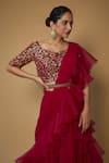 FATIZ_Pink Georgette Hand Embroidered Sequins V Ruffled Lehenga Saree With Blouse _Online_at_Aza_Fashions