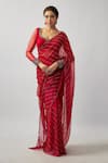 Buy_FATIZ_Red Crystal Organza Hand Embroidered Beads Leaf Neck Saree With Blouse _at_Aza_Fashions