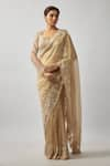 Buy_FATIZ_Gold Tissue Silk Hand Embroidered Pearls V Neck Saree With Blouse _at_Aza_Fashions