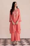 Buy_One Not Two_Coral Kurta Silk Embroidered Round Yoke And Pant Set _at_Aza_Fashions