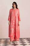 Buy_One Not Two_Coral Kurta Silk Embroidered Round And Pant Set _at_Aza_Fashions