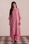Buy_One Not Two_Pink Silk, Satin, Cotton Beads, Sequins, Embroidery Round Neck Kurta And Pant Set _at_Aza_Fashions