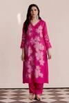 Buy_One Not Two_Pink Silk, Satin, Cotton Beads, Applique V-neck Embroidered Kurta And Pant Set _at_Aza_Fashions