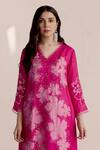 One Not Two_Pink Silk, Satin, Cotton Beads, Applique V-neck Embroidered Kurta And Pant Set _Online_at_Aza_Fashions