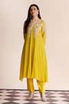 Buy_One Not Two_Yellow Silk, Satin, Cotton Embroidery Round Floral Applique Kurta And Pant Set _at_Aza_Fashions