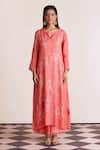 Buy_One Not Two_Coral Kurta Silk Embroidered Notched Long And Pant Set _at_Aza_Fashions