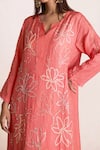 Buy_One Not Two_Coral Kurta Silk Embroidered Notched Long And Pant Set _Online_at_Aza_Fashions