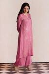 Buy_One Not Two_Pink Kurta Silk Embroidered Floral Notched Long And Pant Set _at_Aza_Fashions