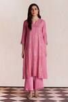 One Not Two_Pink Kurta Silk Embroidered Floral Notched Long And Pant Set _Online_at_Aza_Fashions