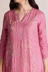 Buy_One Not Two_Pink Kurta Silk Embroidered Floral Notched Long And Pant Set _Online_at_Aza_Fashions