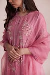 Shop_One Not Two_Pink Organza Embroidered Floral Work Scalloped Dupatta _at_Aza_Fashions