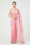 Buy_Anushree Reddy_Coral Organza Embroidered Zig Zag Bordered Saree With Unstitched Blouse Piece _at_Aza_Fashions