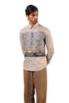 Abkasa_Grey 100% Cotton Embroidery Thread Landscape Shirt _Online_at_Aza_Fashions