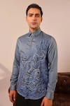 Buy_Abkasa_Blue 100% Cotton Embroidery Thread Argonaut Shirt _at_Aza_Fashions