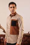 Buy_Abkasa_Beige 100% Cotton Embroidery Patchwork Christie Color Block Shirt _Online_at_Aza_Fashions