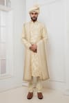 Buy_Darshika Menswear_Beige Raw Silk Embroidered Zardosi Sherwani Churidar Set _at_Aza_Fashions