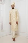 Shop_Darshika Menswear_Beige Raw Silk Embroidered Zardosi Sherwani Churidar Set _at_Aza_Fashions