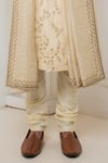 Darshika Menswear_Beige Raw Silk Embroidered Zardosi Sherwani Churidar Set _Online_at_Aza_Fashions