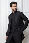 Shop_Darshika Menswear_Black Silk Blend Embroidered Cutdana Open Bundi Jacket Pant Set _Online_at_Aza_Fashions