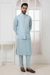 Buy_Darshika Menswear_Blue Silk Blend Embroidered Thread Work Bundi Kurta Set _at_Aza_Fashions