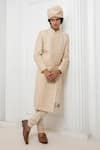 Shop_Darshika Menswear_Beige Silk Embroidered Thread Floral Sherwani Kurta Set _at_Aza_Fashions