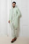 Buy_Darshika Menswear_Green Silk Embroidered Thread Sherwani Jacket Churidar Set _at_Aza_Fashions