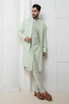 Shop_Darshika Menswear_Green Silk Embroidered Thread Sherwani Jacket Churidar Set _at_Aza_Fashions