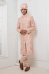 Buy_Darshika Menswear_Pink Raw Silk Embroidered Sequin Floral Motif Sherwani Churidar Set _at_Aza_Fashions