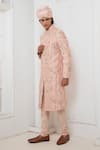 Shop_Darshika Menswear_Pink Raw Silk Embroidered Sequin Floral Motif Sherwani Churidar Set _at_Aza_Fashions