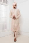 Buy_Darshika Menswear_Pink Raw Silk Embroidered Floral Rose Sherwani Churidar Set _at_Aza_Fashions