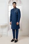 Shop_Darshika Menswear_Blue Suiting Embroidered Motif Placement Bandhgala And Straight Pant Set _at_Aza_Fashions