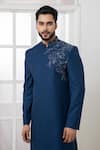 Shop_Darshika Menswear_Blue Suiting Embroidered Motif Placement Bandhgala And Straight Pant Set _Online_at_Aza_Fashions